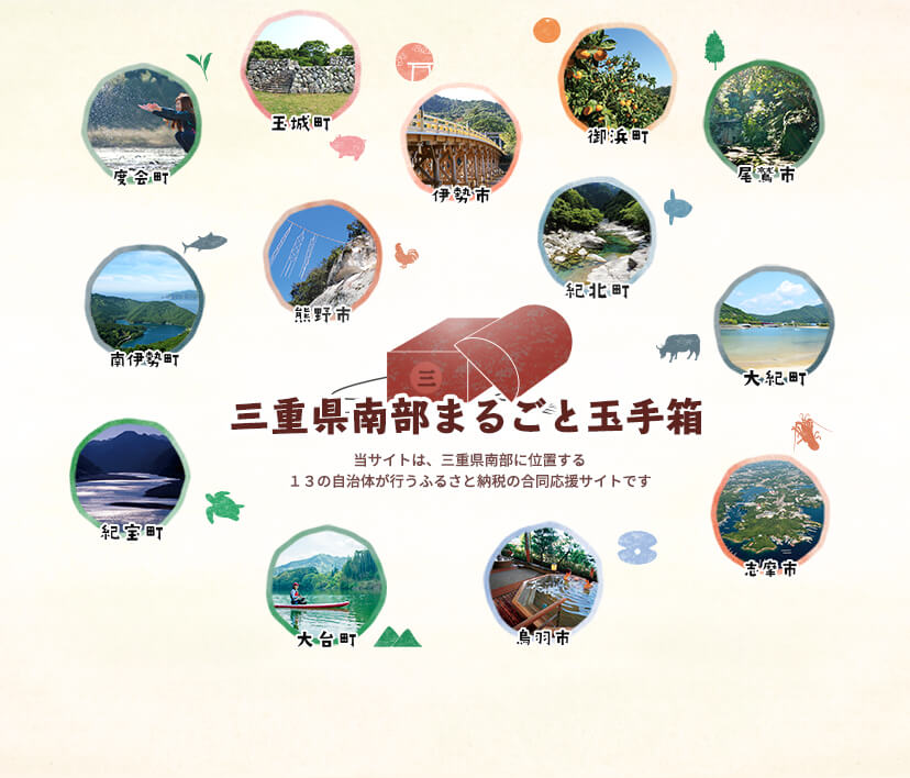三重県南部まるごと玉手箱　当サイトは、三重県南部に位置する13の自治体が行うふるさと納税の合同応援サイトです